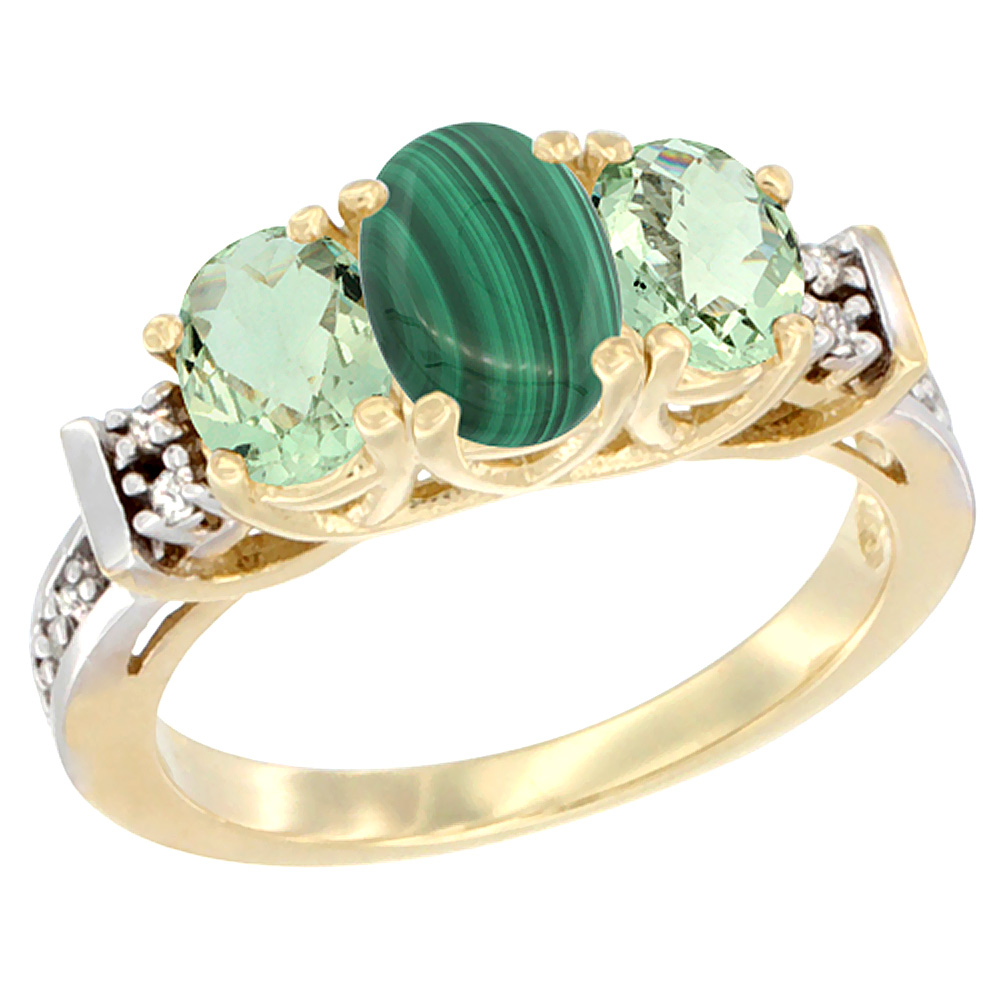 10K Yellow Gold Natural Malachite & Green Amethyst Ring 3-Stone Oval Diamond Accent