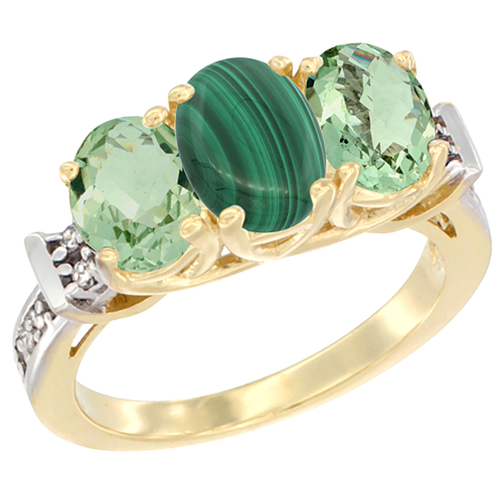 10K Yellow Gold Natural Malachite & Green Amethyst Sides Ring 3-Stone Oval Diamond Accent, sizes 5 - 10