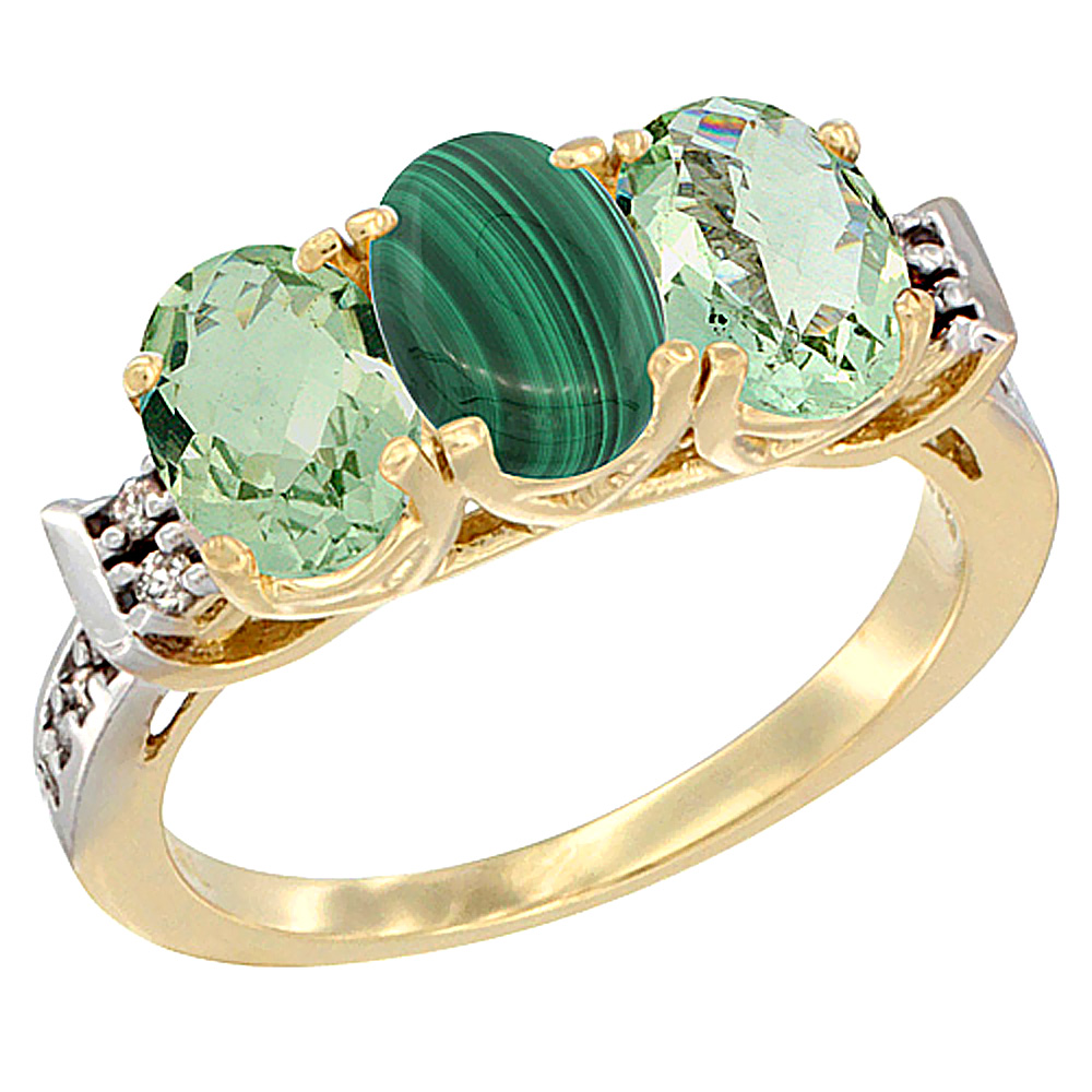 14K Yellow Gold Natural Malachite & Green Amethyst Sides Ring 3-Stone 7x5 mm Oval Diamond Accent, sizes 5 - 10