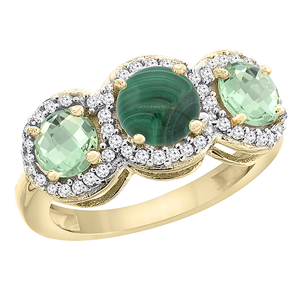 10K Yellow Gold Natural Malachite & Green Amethyst Sides Round 3-stone Ring Diamond Accents, sizes 5 - 10