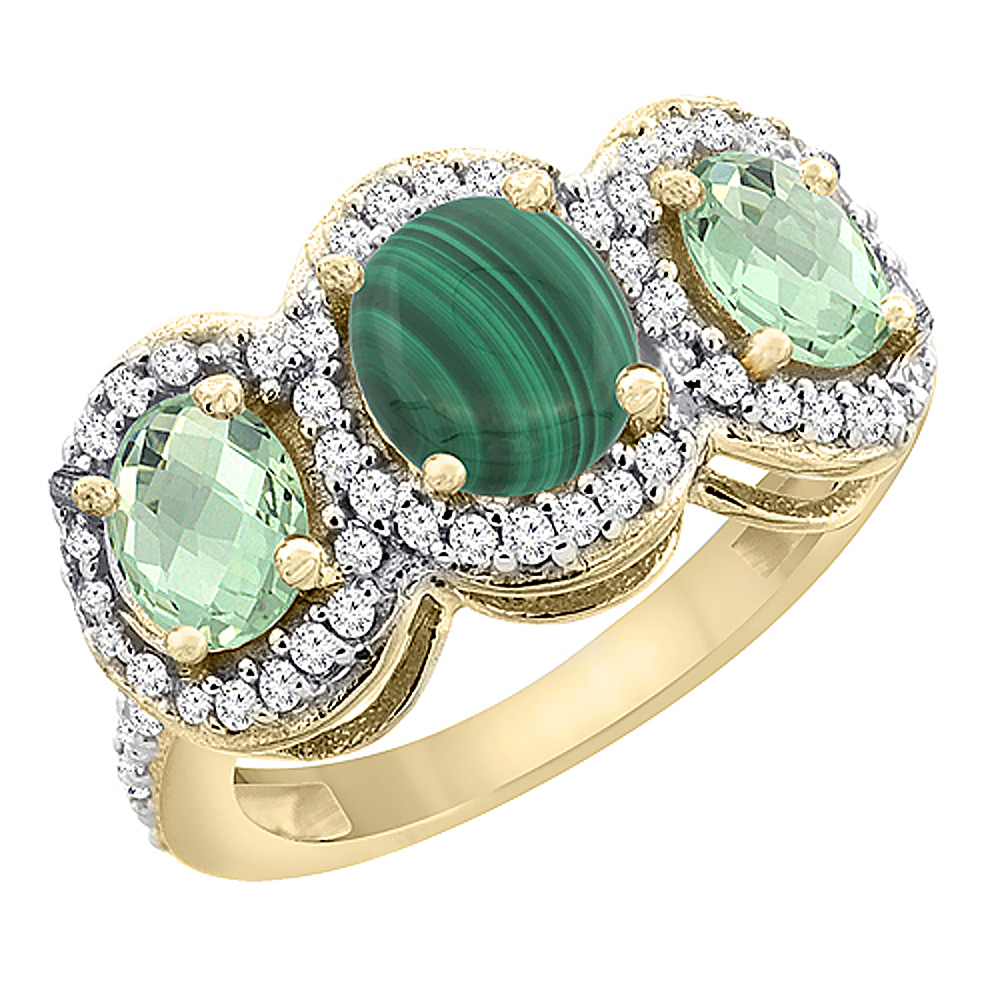 10K Yellow Gold Natural Malachite &amp; Green Amethyst 3-Stone Ring Oval Diamond Accent, sizes 5 - 10