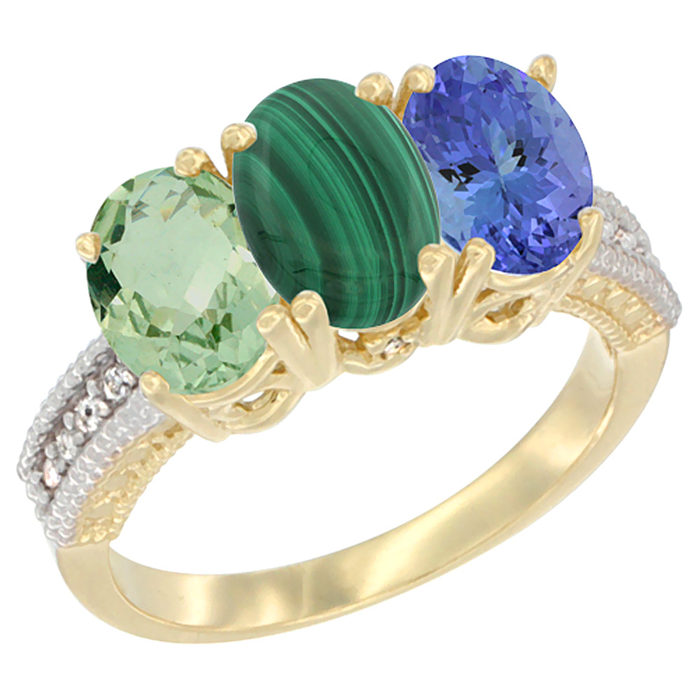 14K Yellow Gold Natural Green Amethyst, Malachite & Tanzanite Ring 3-Stone 7x5 mm Oval Diamond Accent, sizes 5 - 10