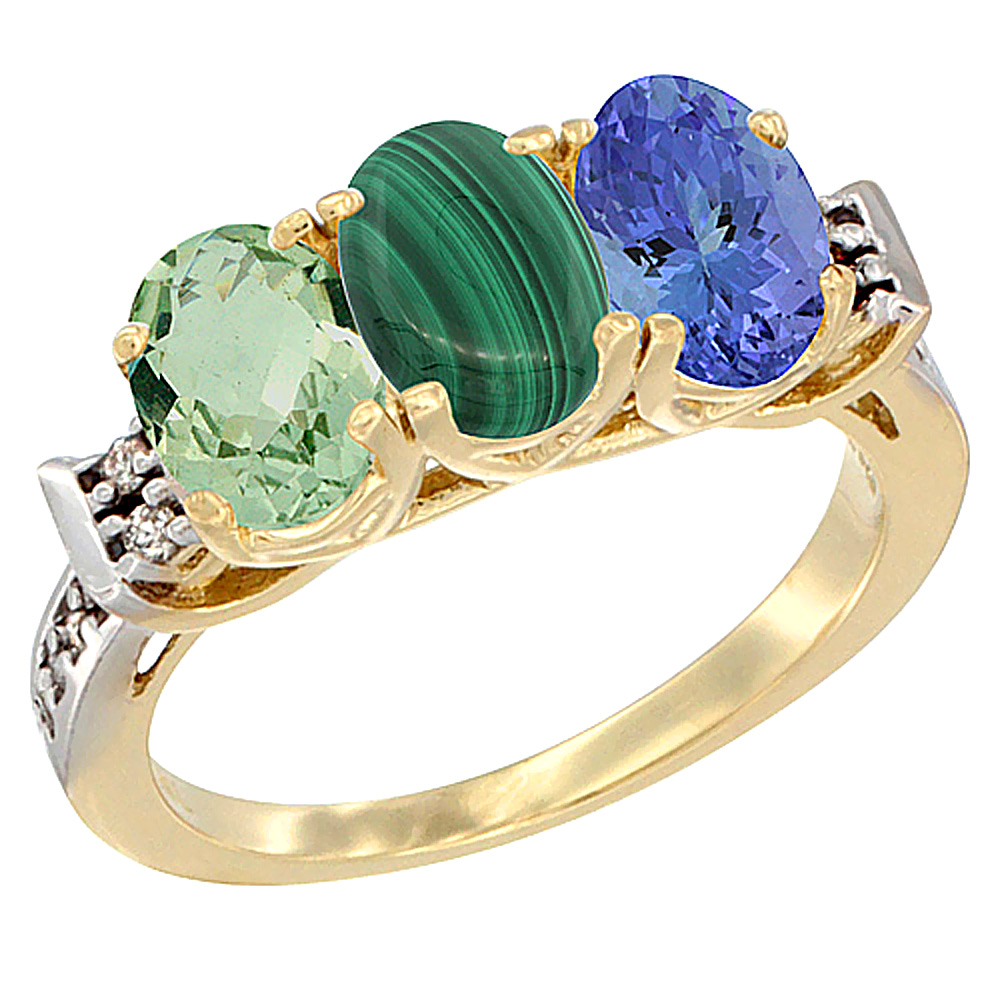 14K Yellow Gold Natural Green Amethyst, Malachite & Tanzanite Ring 3-Stone 7x5 mm Oval Diamond Accent, sizes 5 - 10