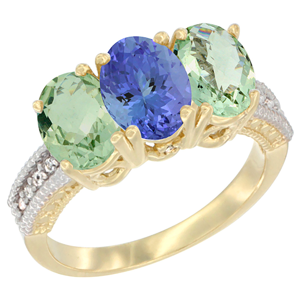 14K Yellow Gold Natural Tanzanite &amp; Green Amethyst Sides Ring 3-Stone 7x5 mm Oval Diamond Accent, sizes 5 - 10