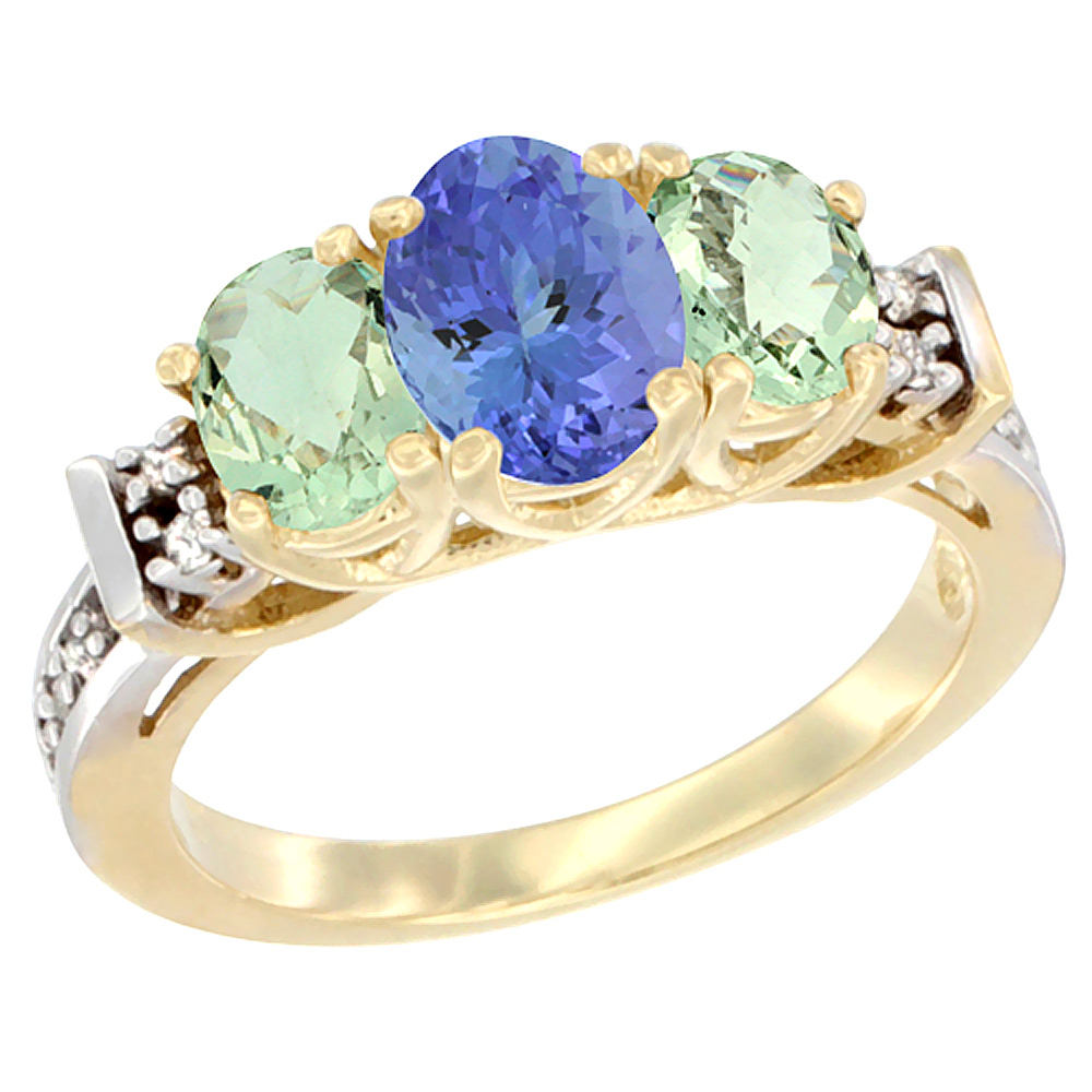 10K Yellow Gold Natural Tanzanite & Green Amethyst Ring 3-Stone Oval Diamond Accent