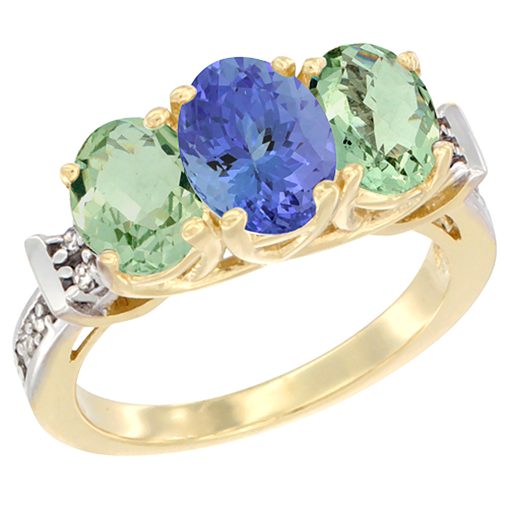 14K Yellow Gold Natural Tanzanite &amp; Green Amethyst Sides Ring 3-Stone Oval Diamond Accent, sizes 5 - 10