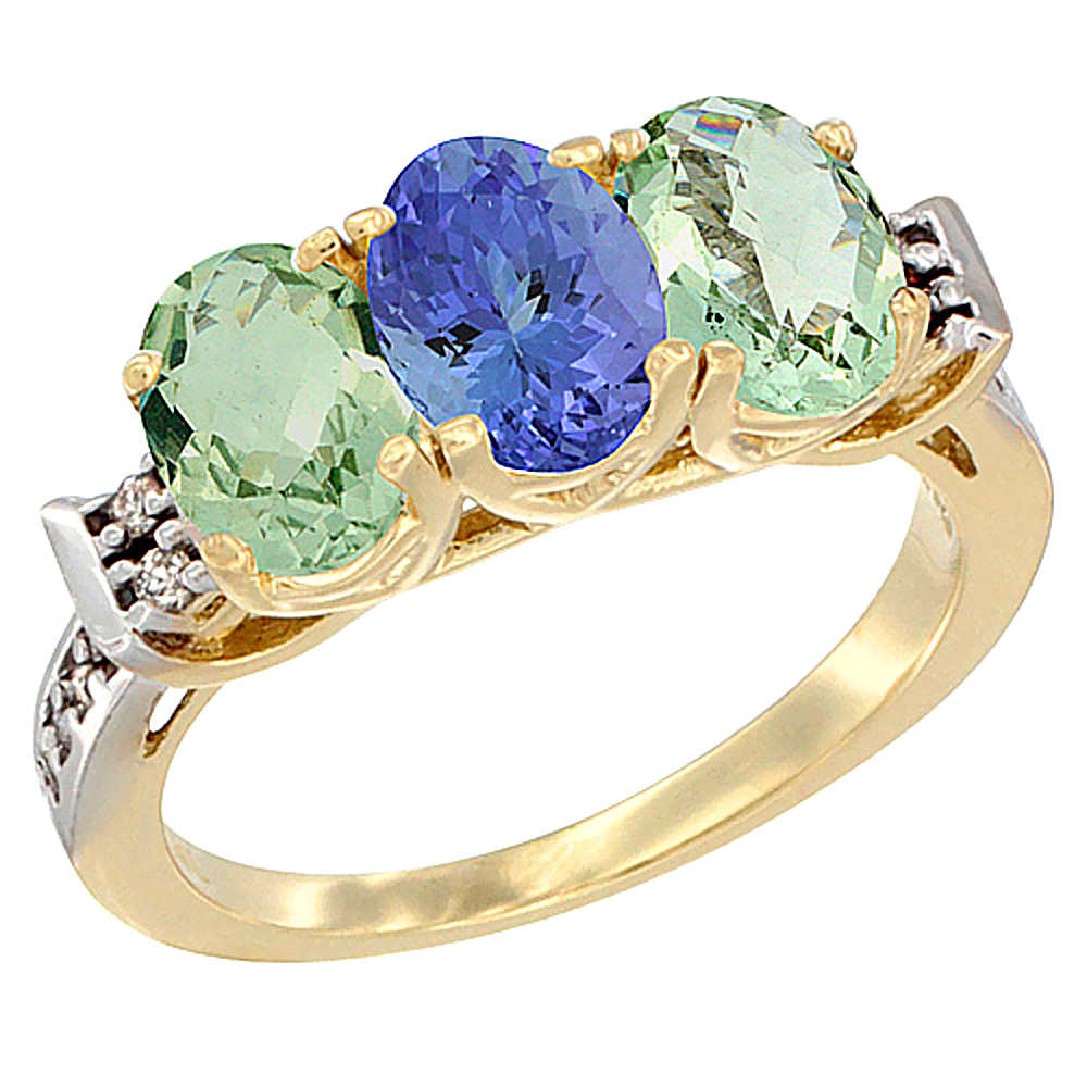 14K Yellow Gold Natural Tanzanite &amp; Green Amethyst Sides Ring 3-Stone 7x5 mm Oval Diamond Accent, sizes 5 - 10