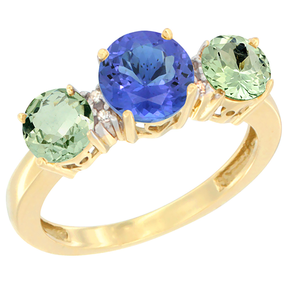 14K Yellow Gold Round 3-Stone Natural Tanzanite Ring &amp; Green Amethyst Sides Diamond Accent, sizes 5 - 10