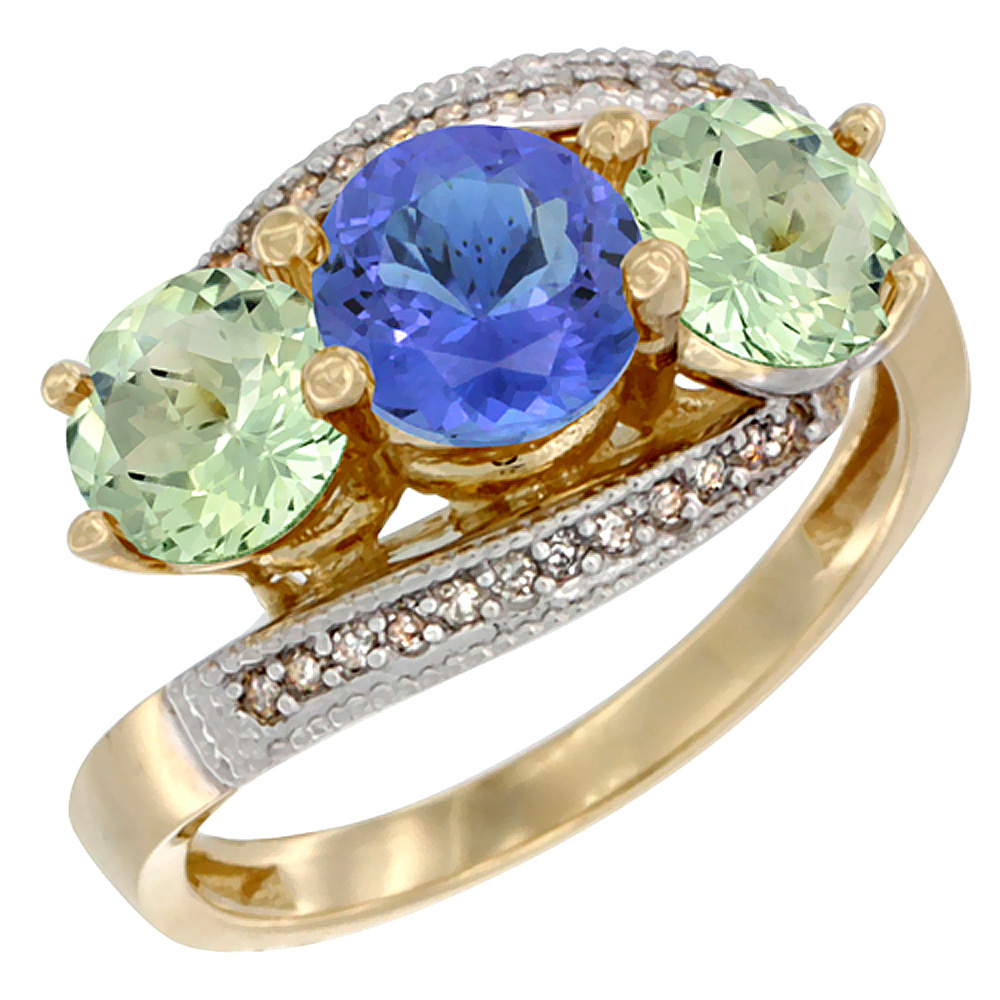 14K Yellow Gold Natural Tanzanite & Green Amethyst Sides 3 stone Ring Round 6mm Diamond Accent, sizes 5 - 10