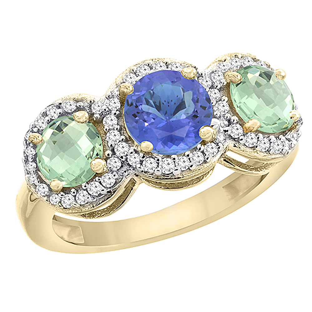 10K Yellow Gold Natural Tanzanite &amp; Green Amethyst Sides Round 3-stone Ring Diamond Accents, sizes 5 - 10