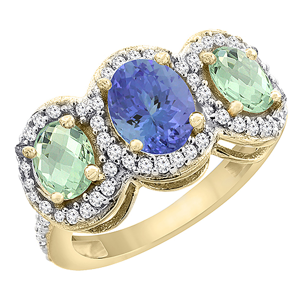 14K Yellow Gold Natural Tanzanite &amp; Green Amethyst 3-Stone Ring Oval Diamond Accent, sizes 5 - 10