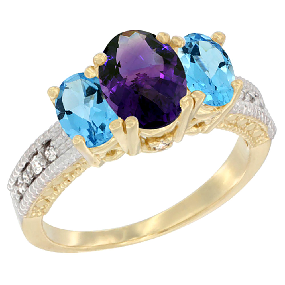 10K Yellow Gold Diamond Natural Amethyst Ring Oval 3-stone with Swiss Blue Topaz, sizes 5 - 10