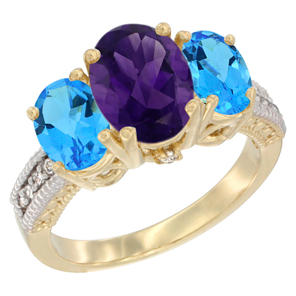 10K Yellow Gold Diamond Natural Amethyst Ring 3-Stone Oval 8x6mm with Swiss Blue Topaz, sizes5-10