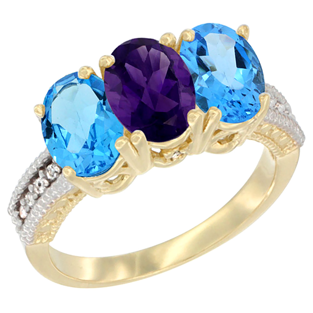 14K Yellow Gold Natural Amethyst & Swiss Blue Topaz Sides Ring 3-Stone 7x5 mm Oval Diamond Accent, sizes 5 - 10