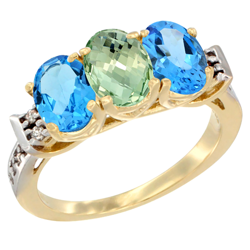 14K Yellow Gold Natural Green Amethyst &amp; Swiss Blue Topaz Sides Ring 3-Stone 7x5 mm Oval Diamond Accent, sizes 5 - 10