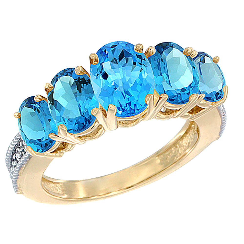 14K Yellow Gold Diamond Natural Swiss Blue Topaz Ring 5-stone Oval 8x6 Ctr,7x5,6x4 sides, sizes 5 - 10