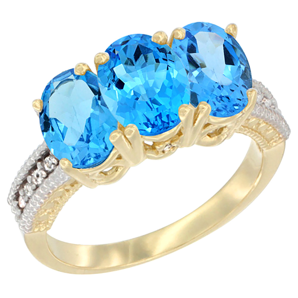 14K Yellow Gold Natural Swiss Blue Topaz Ring 3-Stone 7x5 mm Oval Diamond Accent, sizes 5 - 10