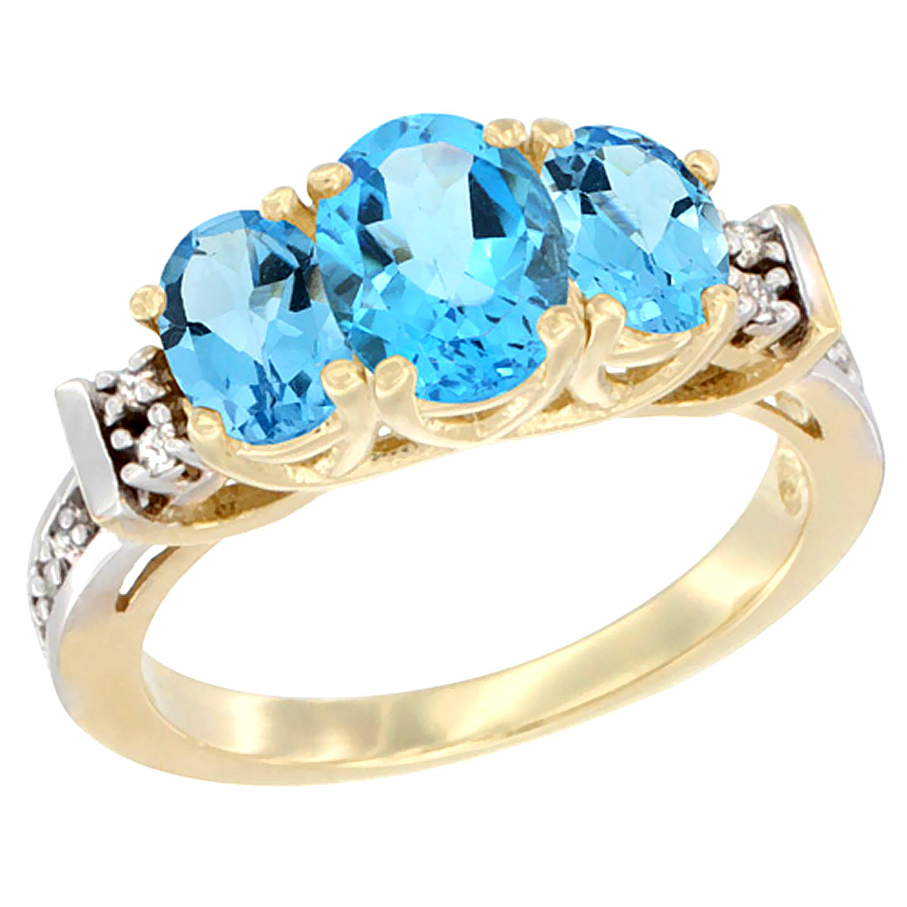 10K Yellow Gold Natural Swiss Blue Topaz Ring 3-Stone Oval Diamond Accent