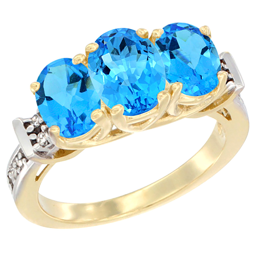 10K Yellow Gold Natural Swiss Blue Topaz Ring 3-Stone Oval Diamond Accent, sizes 5 - 10