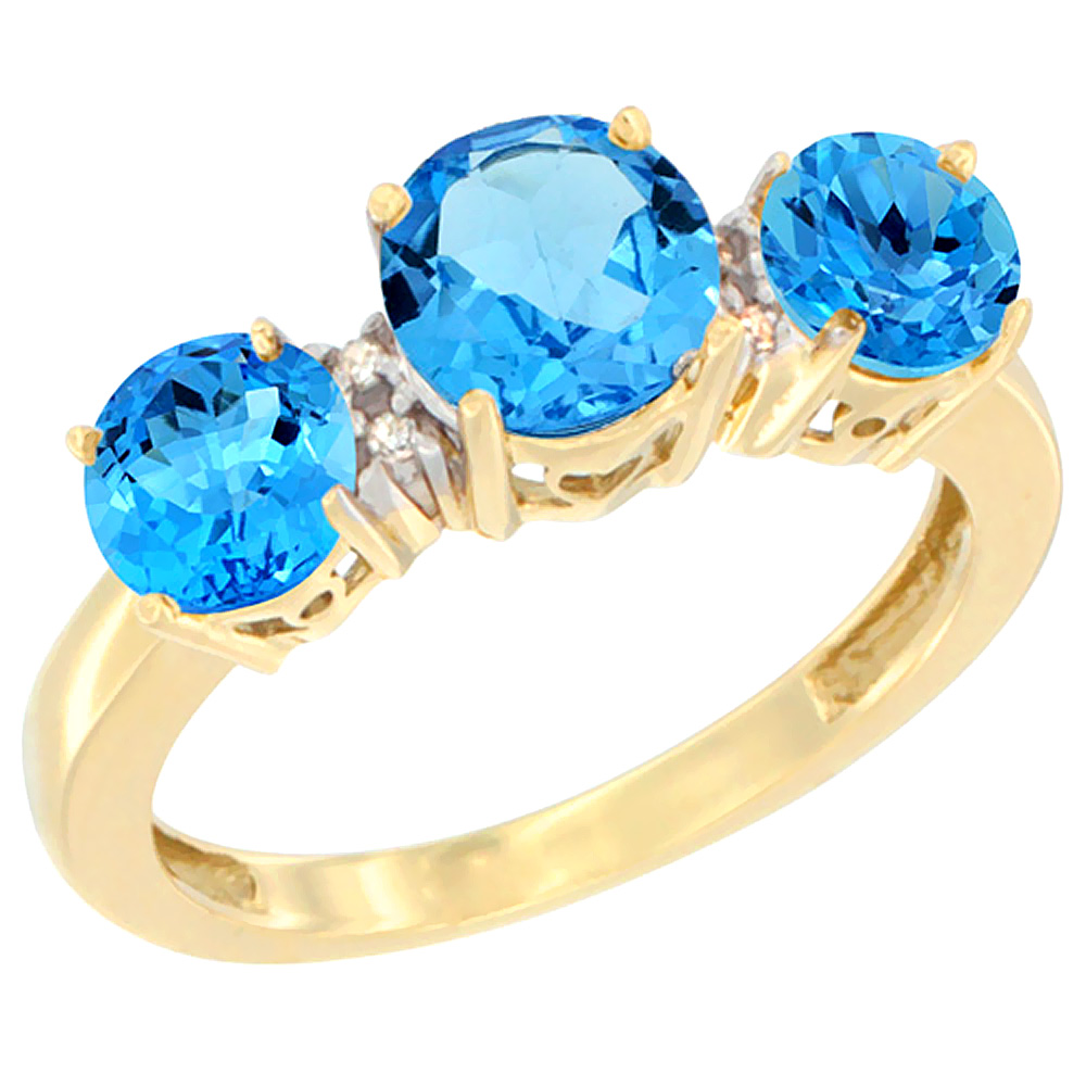 14K Yellow Gold Round 3-Stone Natural Swiss Blue Topaz Ring Diamond Accent, sizes 5 - 10