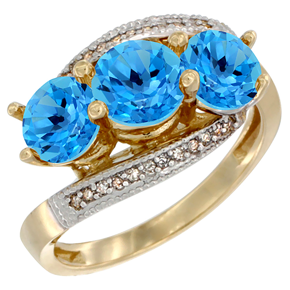 10K Yellow Gold Natural Swiss Blue Topaz 3 stone Ring Round 6mm Diamond Accent, sizes 5 - 10