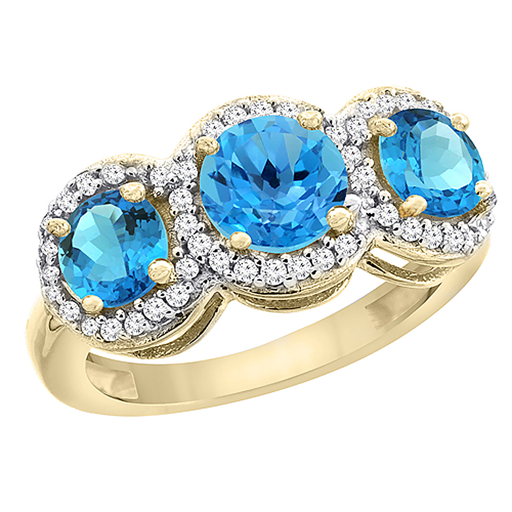 10K Yellow Gold Natural Swiss Blue Topaz Round 3-stone Ring Diamond Accents, sizes 5 - 10