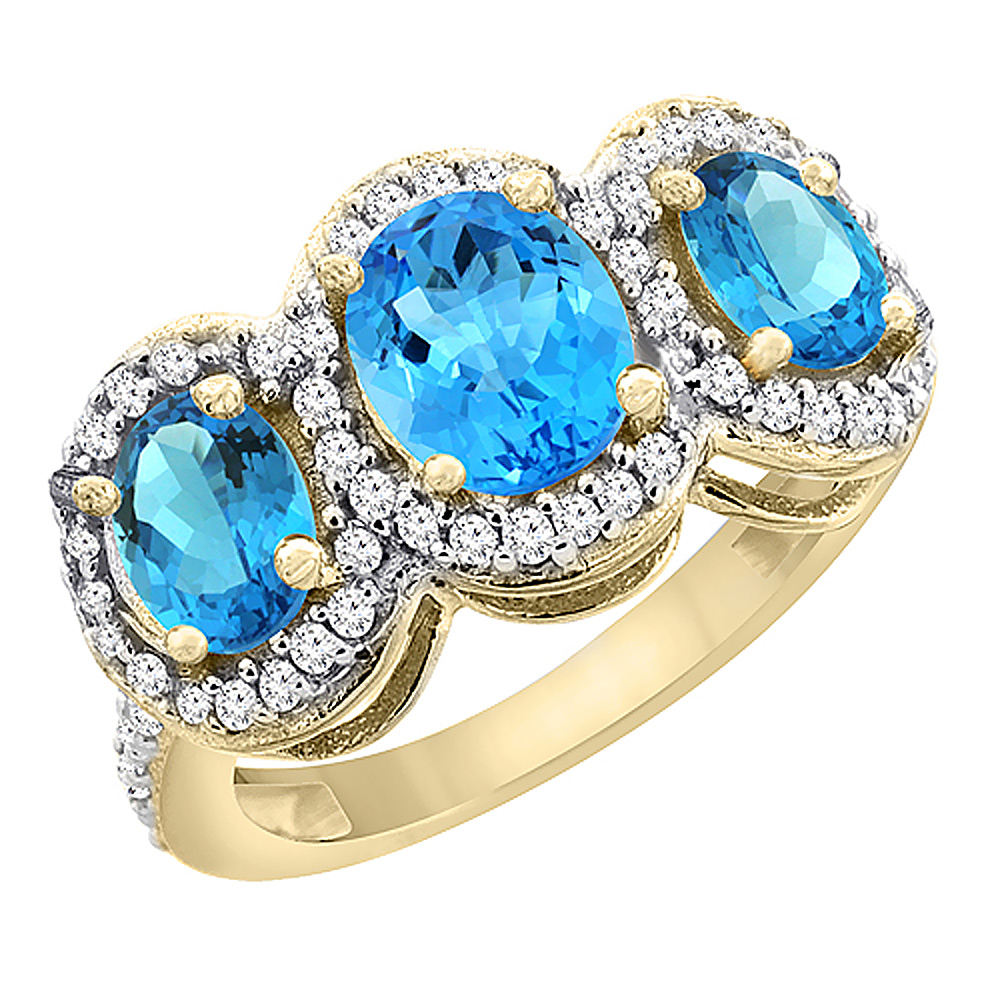 10K Yellow Gold Natural Swiss Blue Topaz 3-Stone Ring Oval Diamond Accent, sizes 5 - 10