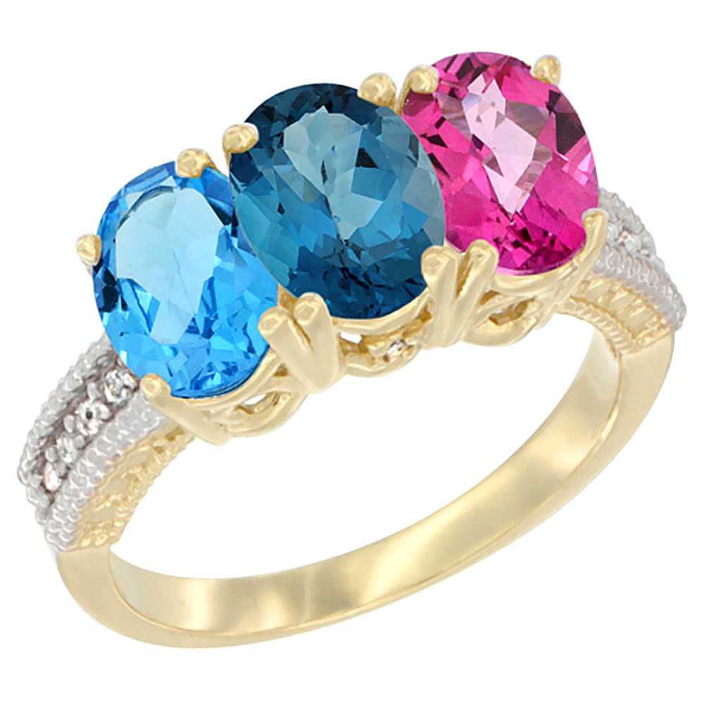 14K Yellow Gold Natural Swiss Blue Topaz, London Blue Topaz & Pink Topaz Ring 3-Stone 7x5 mm Oval Diamond Accent, sizes 5 - 10