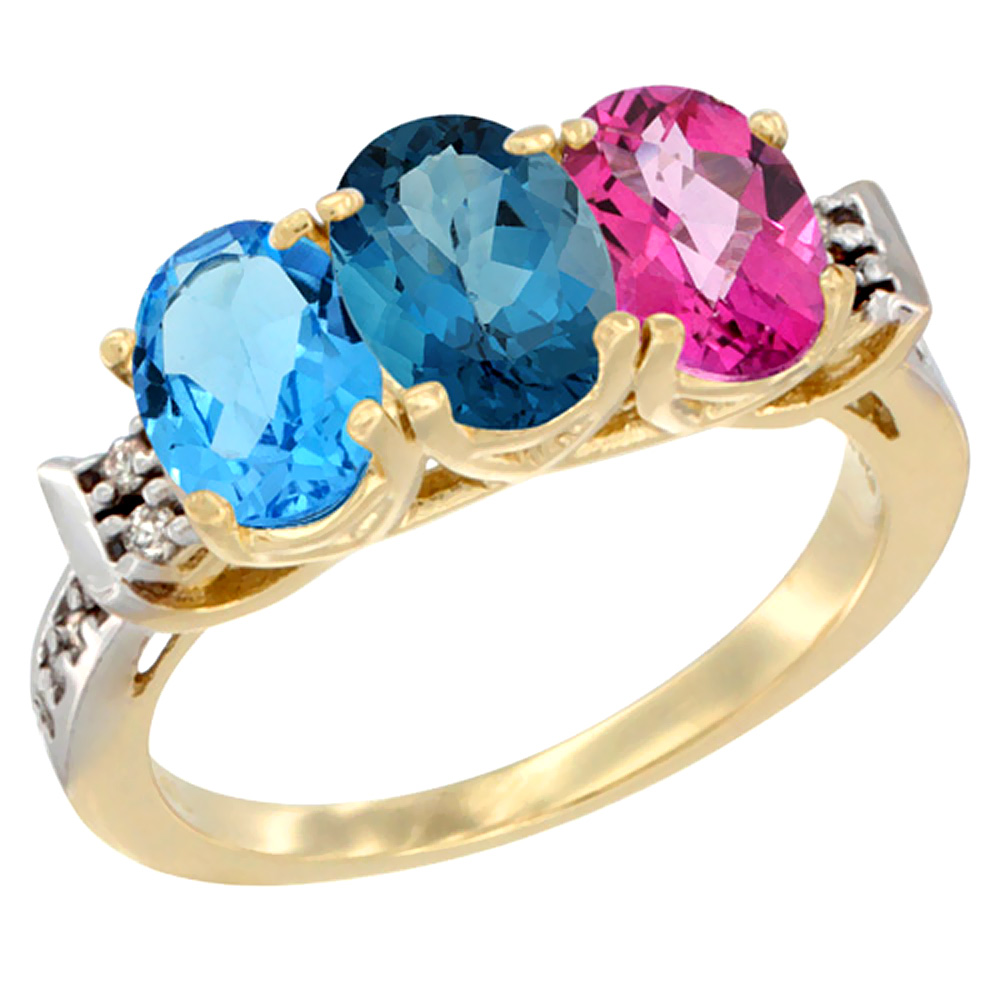 10K Yellow Gold Natural Swiss Blue Topaz, London Blue Topaz & Pink Topaz Ring 3-Stone Oval 7x5 mm Diamond Accent, sizes 5 - 10