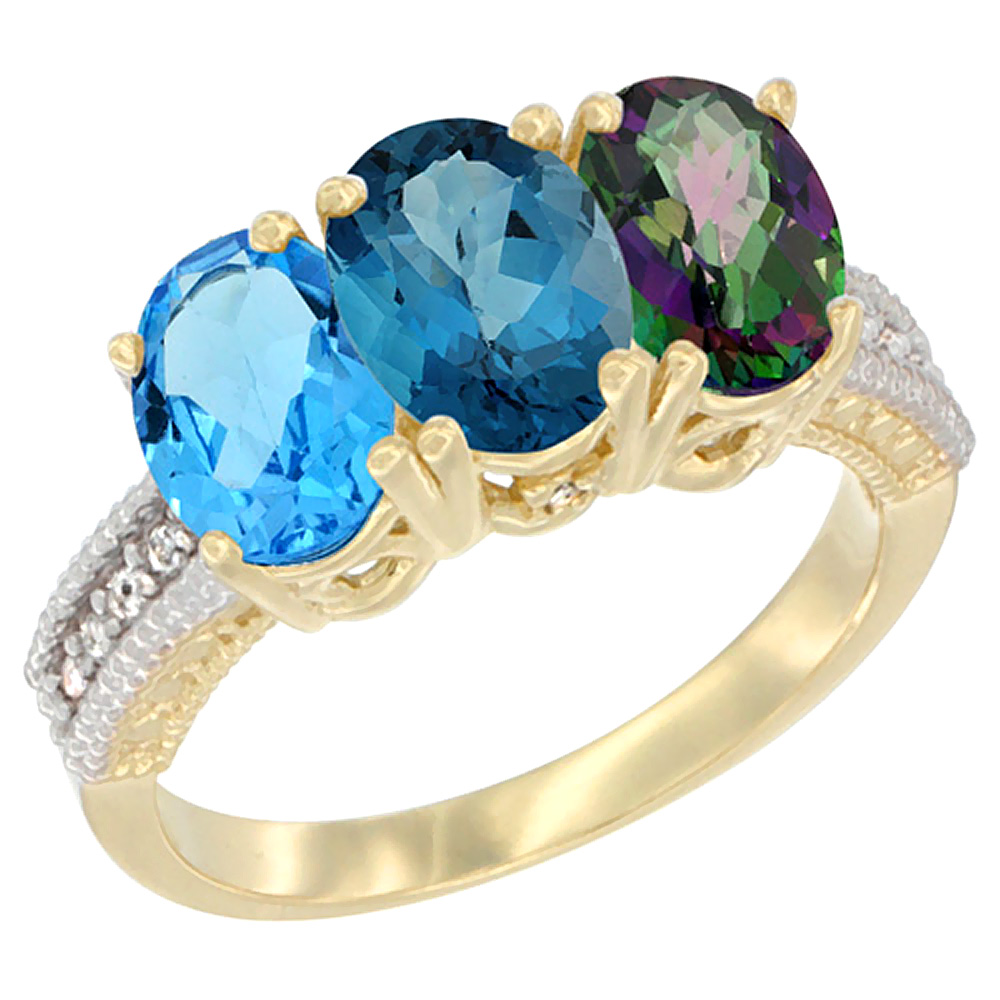 10K Yellow Gold Diamond Natural Swiss Blue Topaz, London Blue Topaz &amp; Mystic Topaz Ring 3-Stone Oval 7x5 mm, sizes 5 - 10