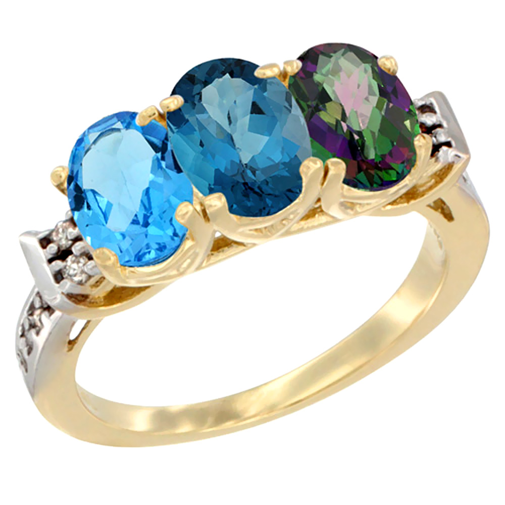 10K Yellow Gold Natural Swiss Blue Topaz, London Blue Topaz & Mystic Topaz Ring 3-Stone Oval 7x5 mm Diamond Accent, sizes 5 - 10