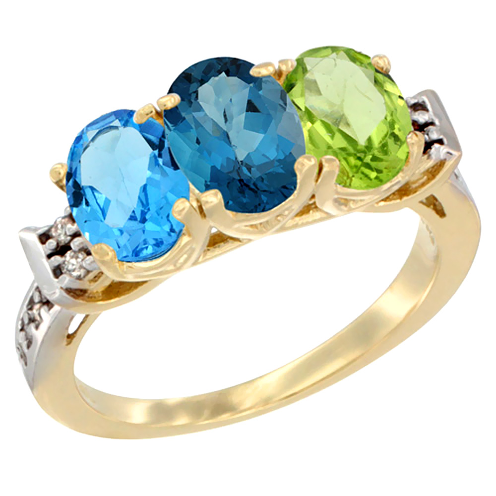 14K Yellow Gold Natural Swiss Blue Topaz, London Blue Topaz & Peridot Ring 3-Stone 7x5 mm Oval Diamond Accent, sizes 5 - 10