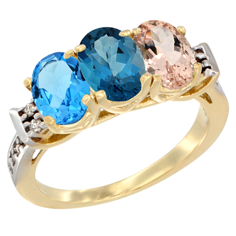 14K Yellow Gold Natural Swiss Blue Topaz, London Blue Topaz & Morganite Ring 3-Stone 7x5 mm Oval Diamond Accent, sizes 5 - 10