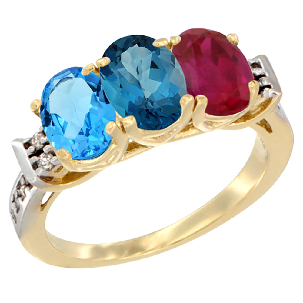 10K Yellow Gold Natural Swiss Blue Topaz, London Blue Topaz &amp; Enhanced Ruby Ring 3-Stone Oval 7x5 mm Diamond Accent, sizes 5 - 10