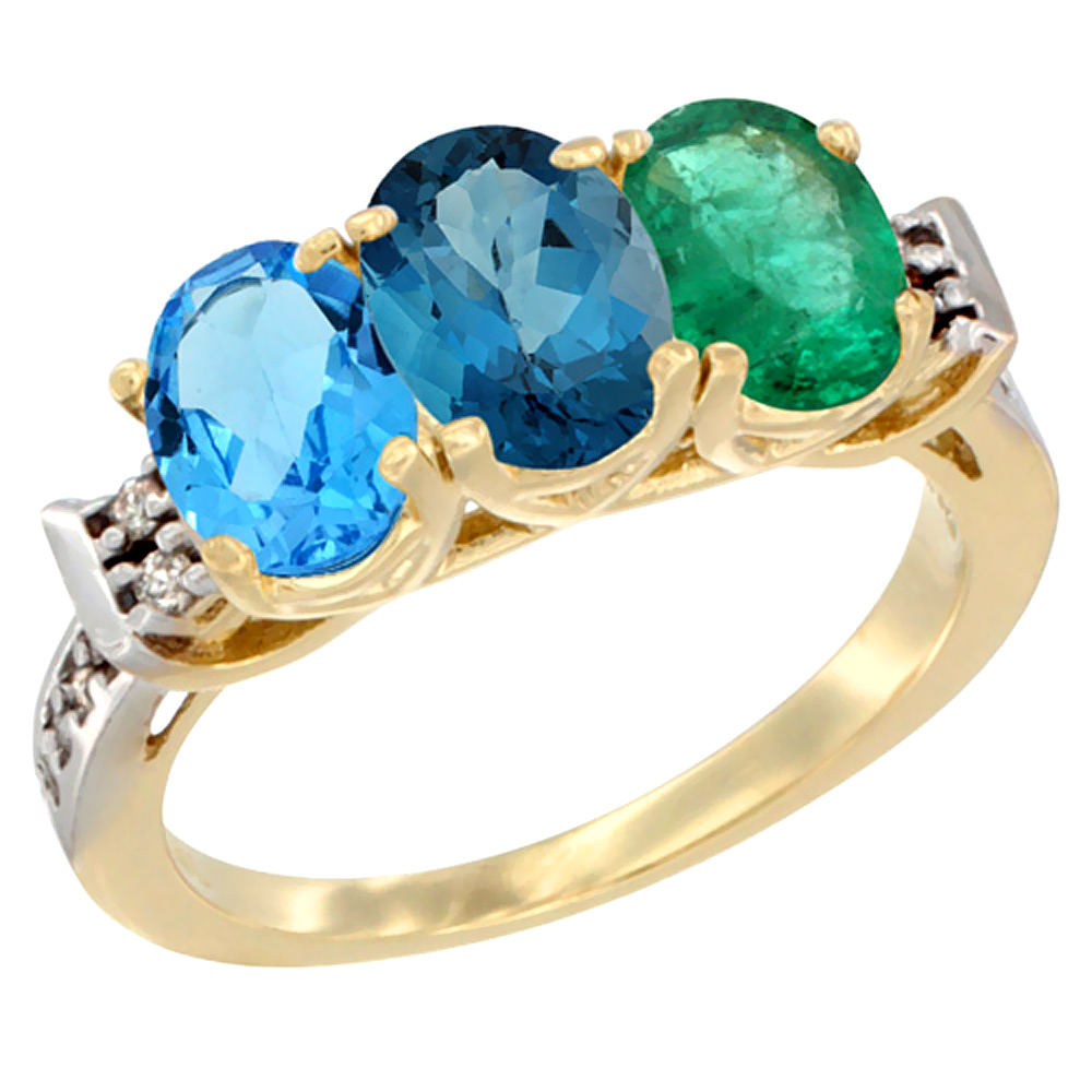 14K Yellow Gold Natural Swiss Blue Topaz, London Blue Topaz & Emerald Ring 3-Stone 7x5 mm Oval Diamond Accent, sizes 5 - 10