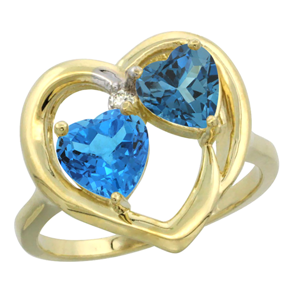 14K Yellow Gold Diamond Two-stone Heart Ring 6mm Natural Swiss Blue &amp; London Blue Topaz, sizes 5-10