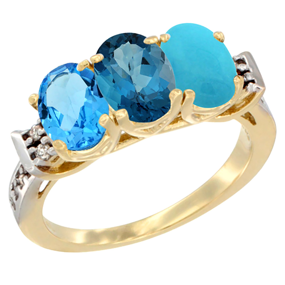 14K Yellow Gold Natural Swiss Blue Topaz, London Blue Topaz & Turquoise Ring 3-Stone 7x5 mm Oval Diamond Accent, sizes 5 - 10