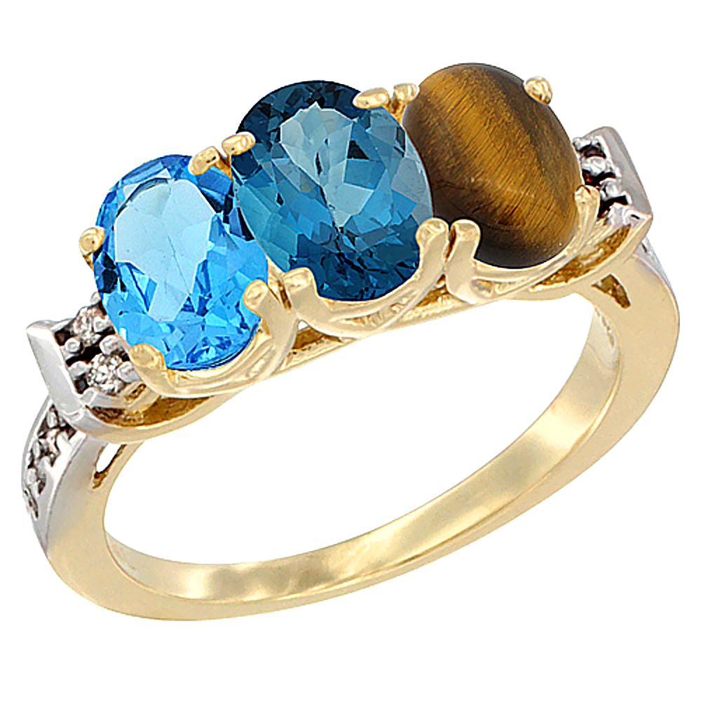 14K Yellow Gold Natural Swiss Blue Topaz, London Blue Topaz & Tiger Eye Ring 3-Stone 7x5 mm Oval Diamond Accent, sizes 5 - 10