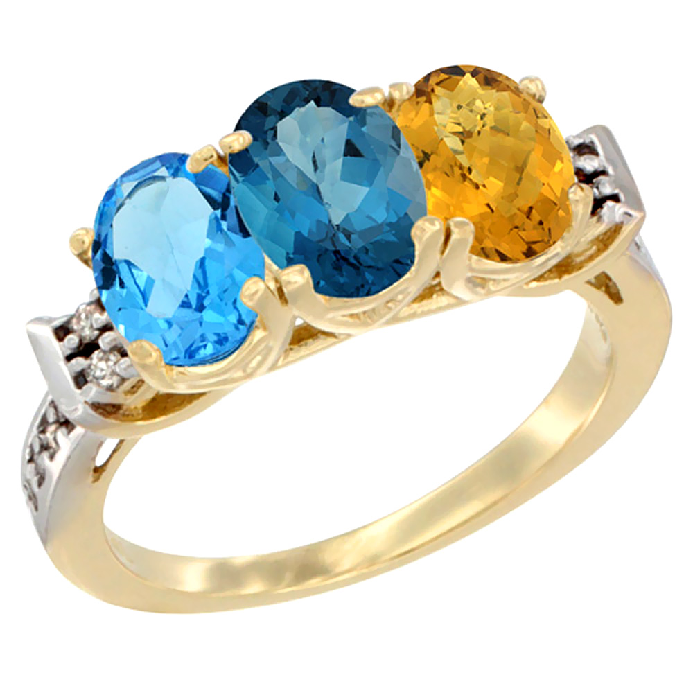 14K Yellow Gold Natural Swiss Blue Topaz, London Blue Topaz & Whisky Quartz Ring 3-Stone 7x5 mm Oval Diamond Accent, sizes 5 - 10