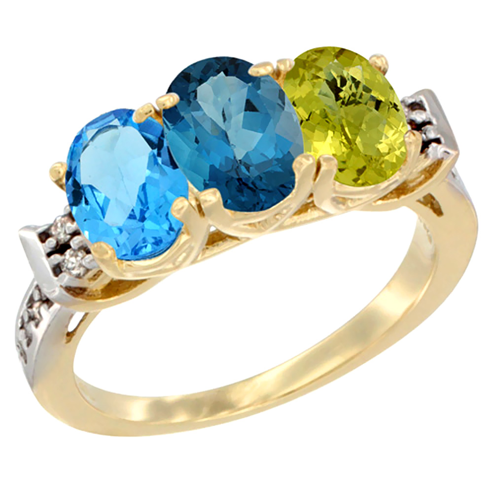 10K Yellow Gold Natural Swiss Blue Topaz, London Blue Topaz & Lemon Quartz Ring 3-Stone Oval 7x5 mm Diamond Accent, sizes 5 - 10