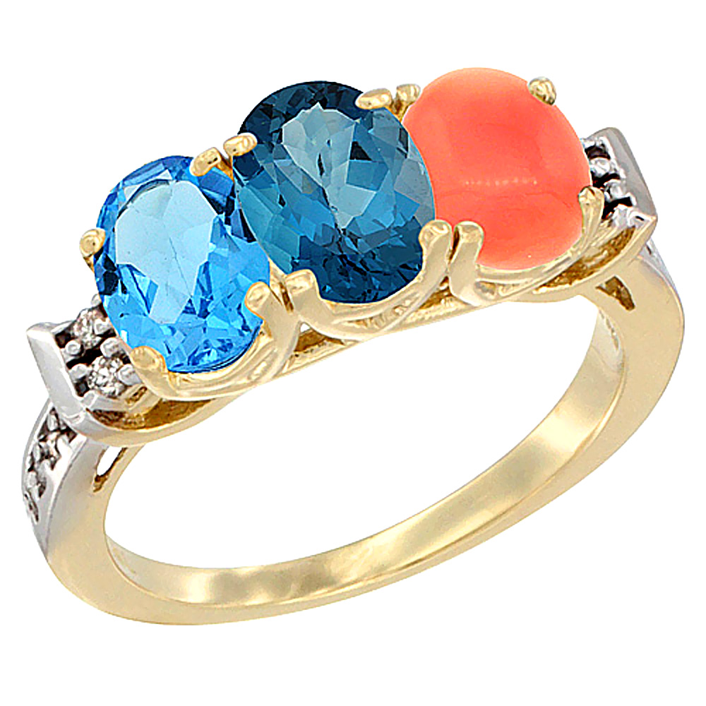 14K Yellow Gold Natural Swiss Blue Topaz, London Blue Topaz & Coral Ring 3-Stone 7x5 mm Oval Diamond Accent, sizes 5 - 10