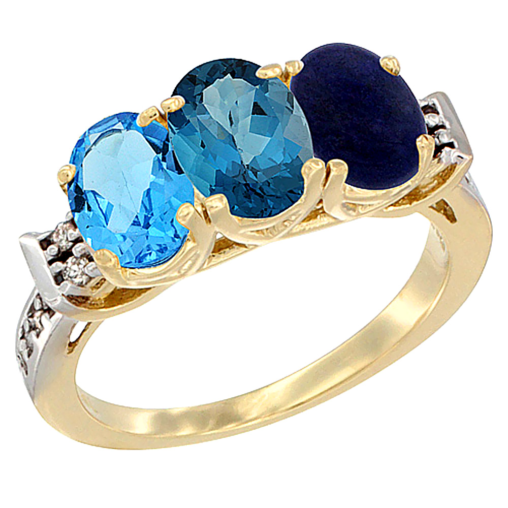 14K Yellow Gold Natural Swiss Blue Topaz, London Blue Topaz & Lapis Ring 3-Stone 7x5 mm Oval Diamond Accent, sizes 5 - 10