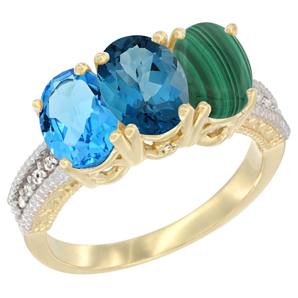 10K Yellow Gold Diamond Natural Swiss Blue Topaz, London Blue Topaz & Malachite Ring 3-Stone Oval 7x5 mm, sizes 5 - 10