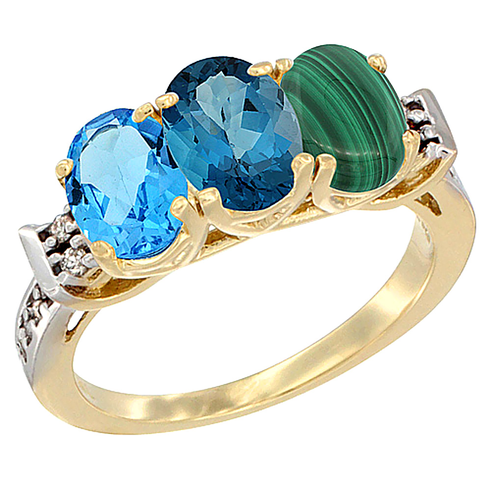 10K Yellow Gold Natural Swiss Blue Topaz, London Blue Topaz & Malachite Ring 3-Stone Oval 7x5 mm Diamond Accent, sizes 5 - 10