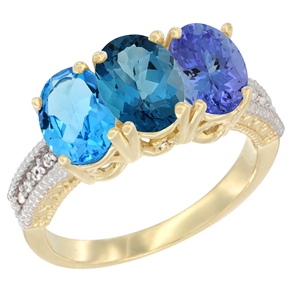 14K Yellow Gold Natural Swiss Blue Topaz, London Blue Topaz & Tanzanite Ring 3-Stone 7x5 mm Oval Diamond Accent, sizes 5 - 10