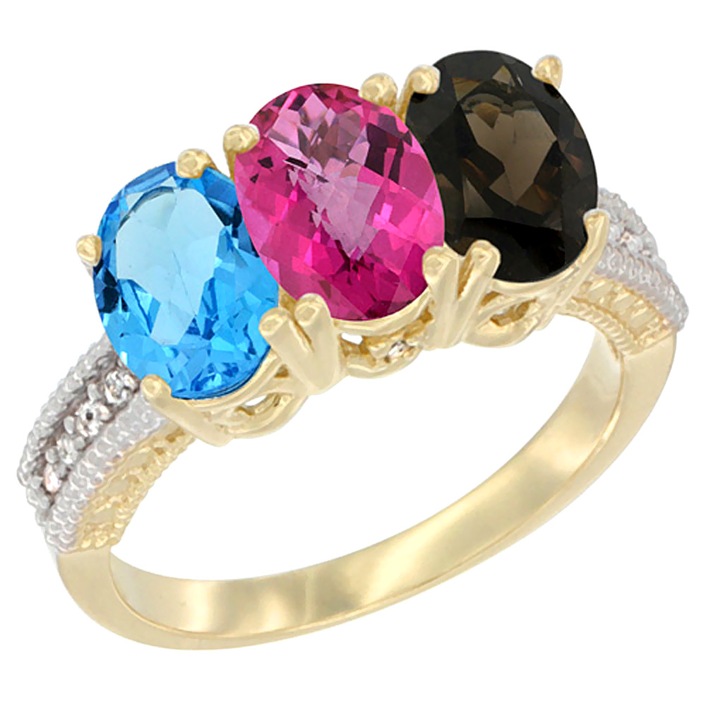 10K Yellow Gold Diamond Natural Swiss Blue Topaz, Pink Topaz &amp; Smoky Topaz Ring 3-Stone Oval 7x5 mm, sizes 5 - 10