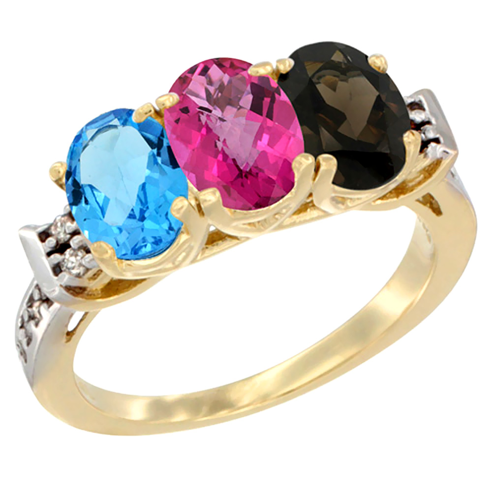 14K Yellow Gold Natural Swiss Blue Topaz, Pink Topaz &amp; Smoky Topaz Ring 3-Stone 7x5 mm Oval Diamond Accent, sizes 5 - 10