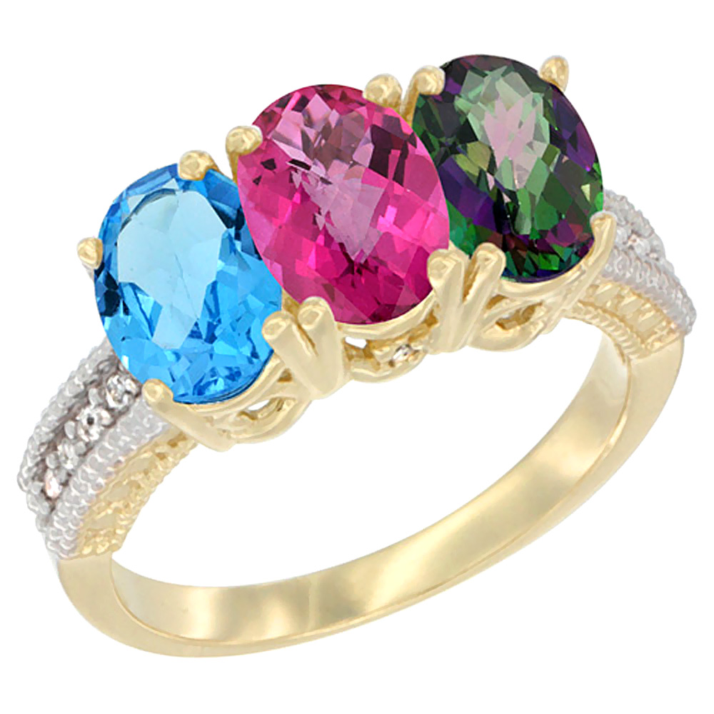 10K Yellow Gold Diamond Natural Swiss Blue Topaz, Pink Topaz &amp; Mystic Topaz Ring 3-Stone Oval 7x5 mm, sizes 5 - 10