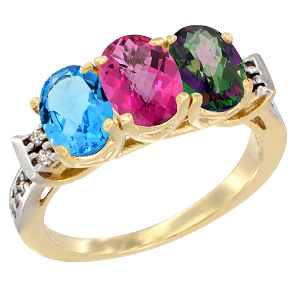 14K Yellow Gold Natural Swiss Blue Topaz, Pink Topaz & Mystic Topaz Ring 3-Stone 7x5 mm Oval Diamond Accent, sizes 5 - 10