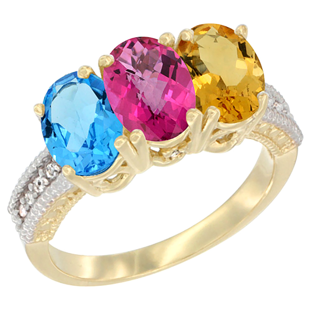 14K Yellow Gold Natural Swiss Blue Topaz, Pink Topaz & Citrine Ring 3-Stone 7x5 mm Oval Diamond Accent, sizes 5 - 10